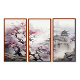 Pink floral Japanese Panorama landscape I - 3-Piece Canvas Wall Art