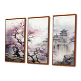 Pink floral Japanese Panorama landscape I - 3-Piece Canvas Wall Art