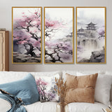 Pink floral Japanese Panorama landscape I - 3-Piece Canvas Wall Art