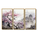 Pink floral Japanese Panorama landscape I - 3-Piece Canvas Wall Art