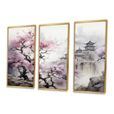 Pink floral Japanese Panorama landscape I - 3-Piece Canvas Wall Art
