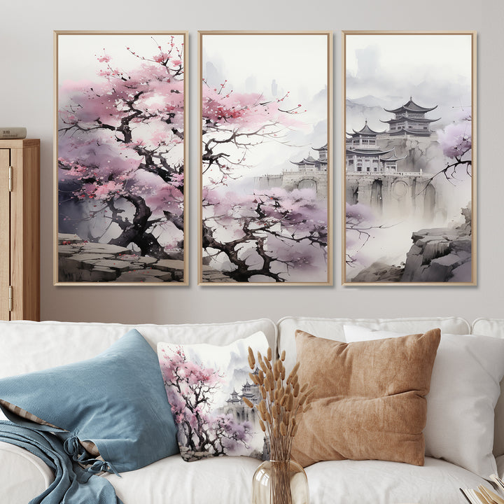 Pink floral Japanese Panorama landscape I - 3-Piece Canvas Wall Art