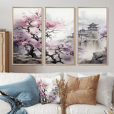 Pink floral Japanese Panorama landscape I - 3-Piece Canvas Wall Art