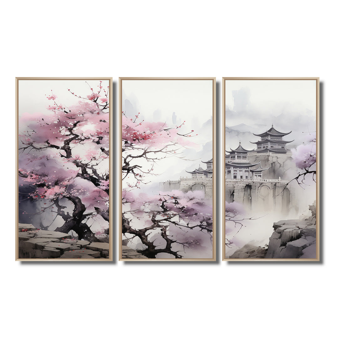 Pink floral Japanese Panorama landscape I - 3-Piece Canvas Wall Art