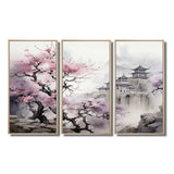 Pink floral Japanese Panorama landscape I - 3-Piece Canvas Wall Art