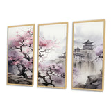 Pink floral Japanese Panorama landscape I - 3-Piece Canvas Wall Art