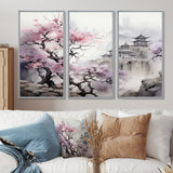 Pink floral Japanese Panorama landscape I - 3-Piece Canvas Wall Art