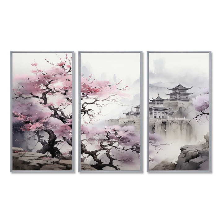 Pink floral Japanese Panorama landscape I - 3-Piece Canvas Wall Art