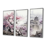 Pink floral Japanese Panorama landscape I - 3-Piece Canvas Wall Art