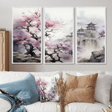 Pink floral Japanese Panorama landscape I - 3-Piece Canvas Wall Art