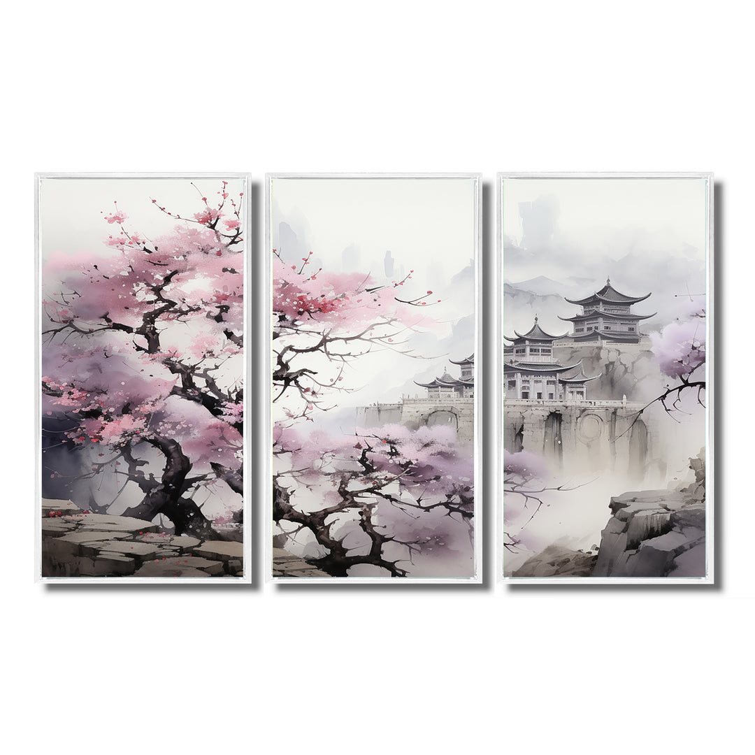 Pink floral Japanese Panorama landscape I - 3-Piece Canvas Wall Art