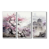Pink floral Japanese Panorama landscape I - 3-Piece Canvas Wall Art