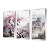 Pink floral Japanese Panorama landscape I - 3-Piece Canvas Wall Art