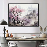 Pink floral Japanese Panorama landscape I - Landscapes Canvas Wall Art