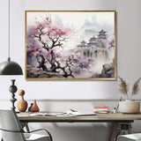 Pink floral Japanese Panorama landscape I - Landscapes Canvas Wall Art