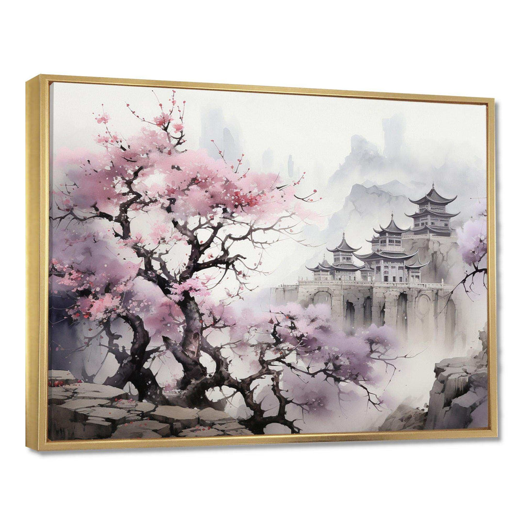 Pink floral Japanese Panorama landscape I - Landscapes Canvas Wall Art