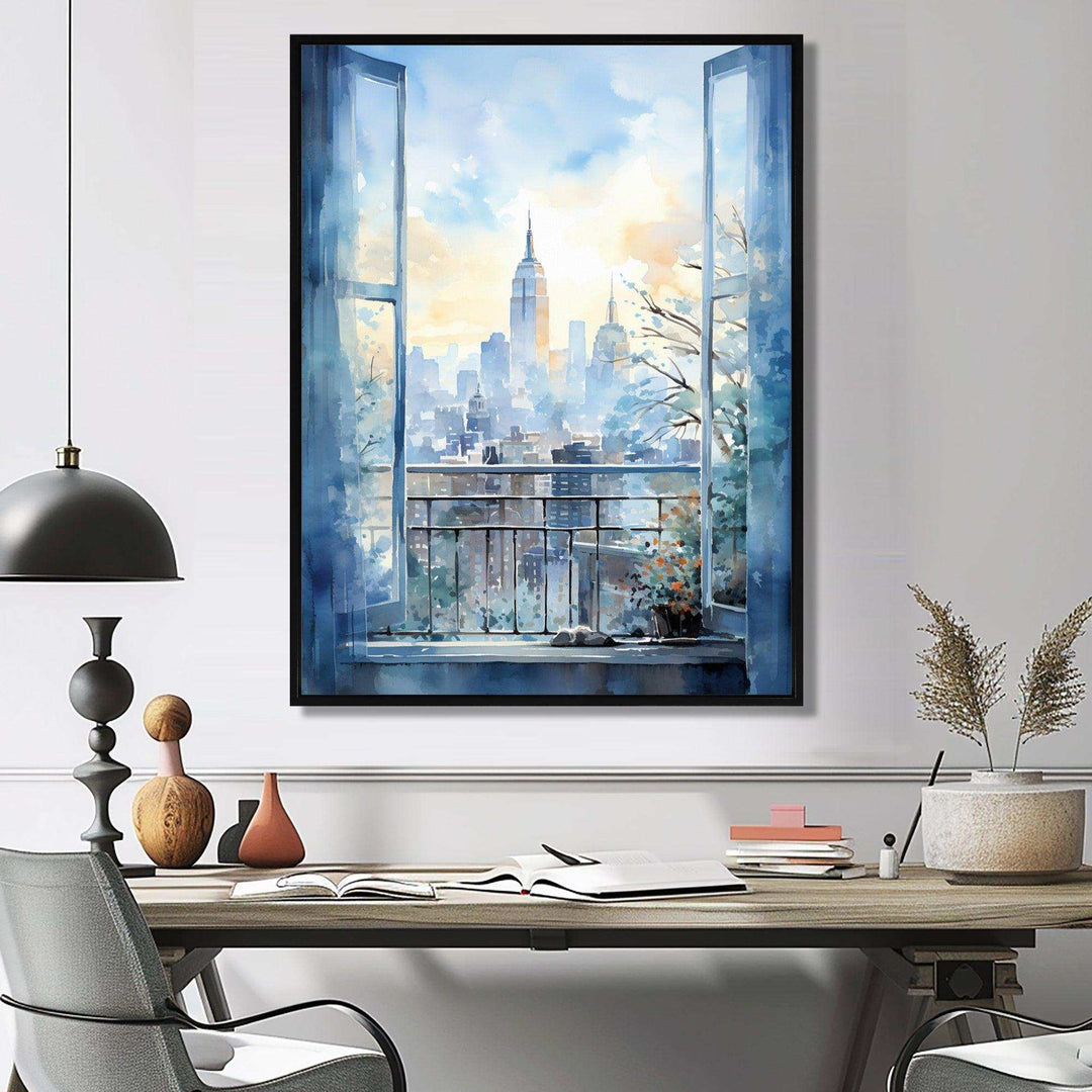 Vintage blue New york window view III - Cityscapes Canvas Wall Art