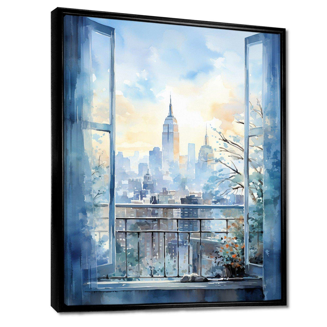 Vintage blue New york window view III - Cityscapes Canvas Wall Art