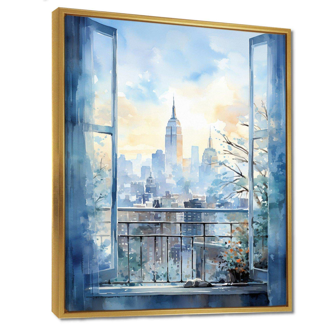 Vintage blue New york window view III - Cityscapes Canvas Wall Art