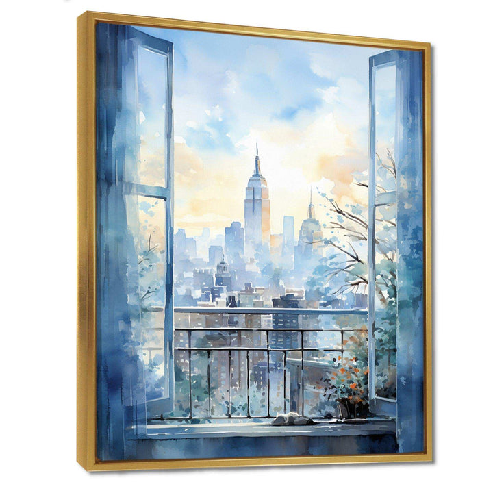 Vintage blue New york window view III - Cityscapes Canvas Wall Art