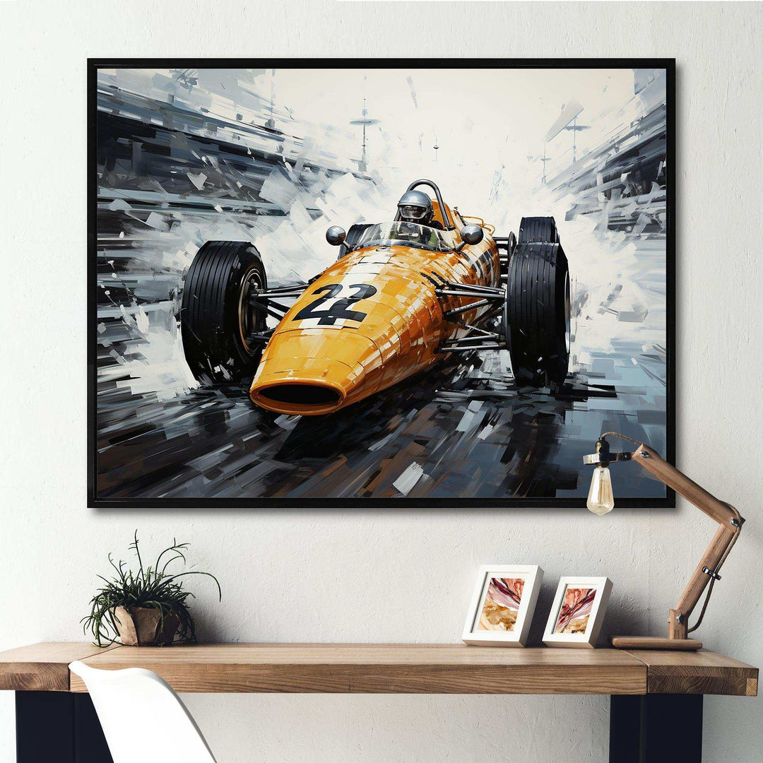 Yellow and black vintage Grand Prix Racing  formula car  I - Architecture Canvas Wall Art