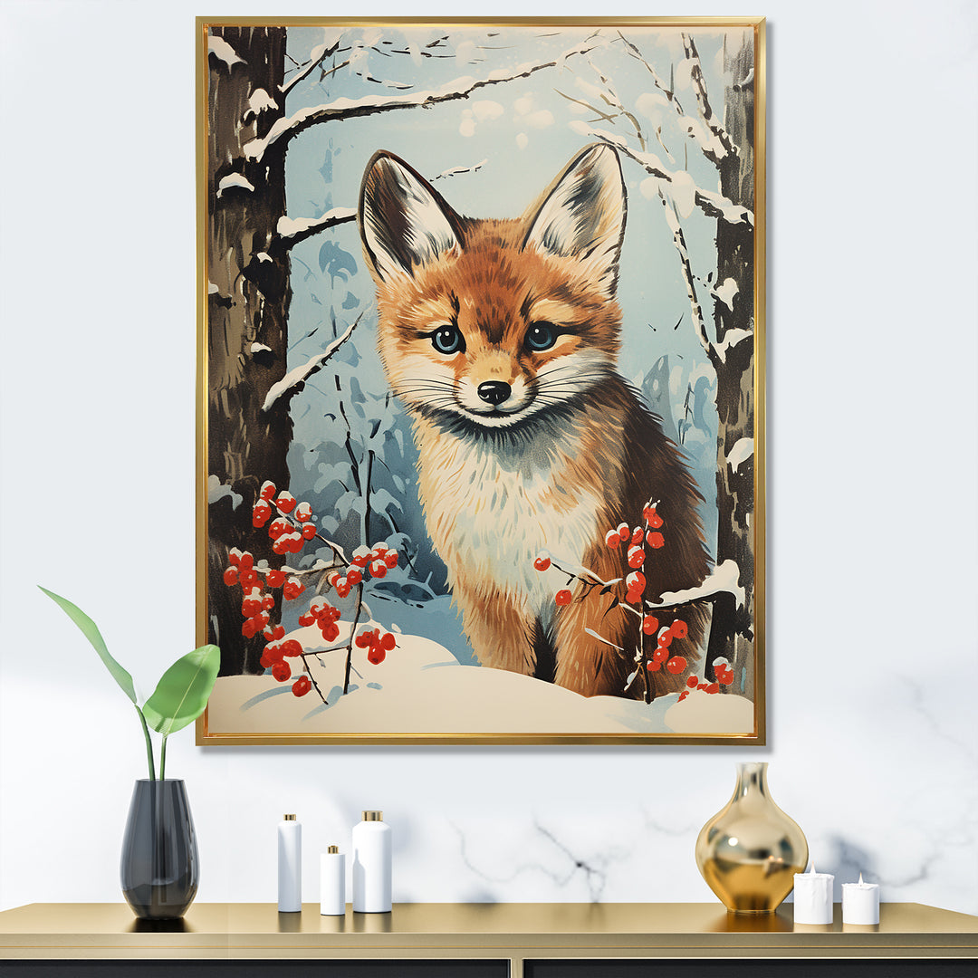 Winter scene cute fox in forest - Fox Framed Canvas Art