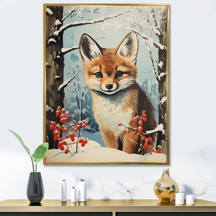 Winter scene cute fox in forest - Fox Framed Canvas Art