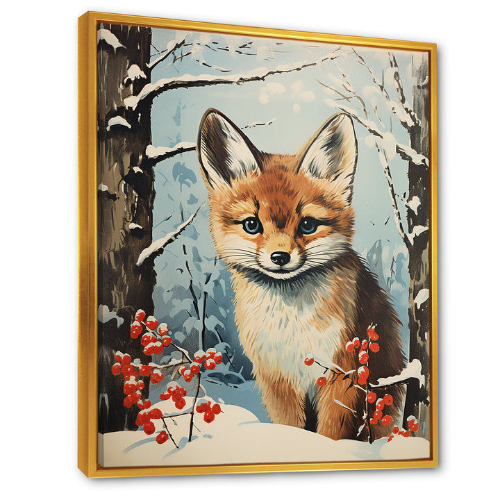 Winter scene cute fox in forest - Fox Framed Canvas Art