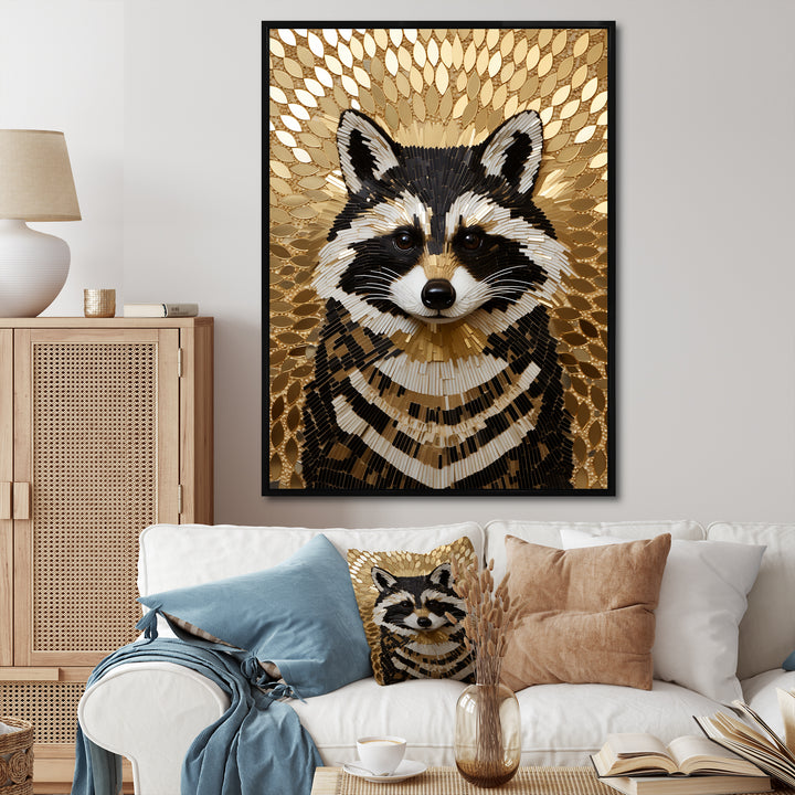 Gold and black curious racoon - Raccoon Canvas Wall Art