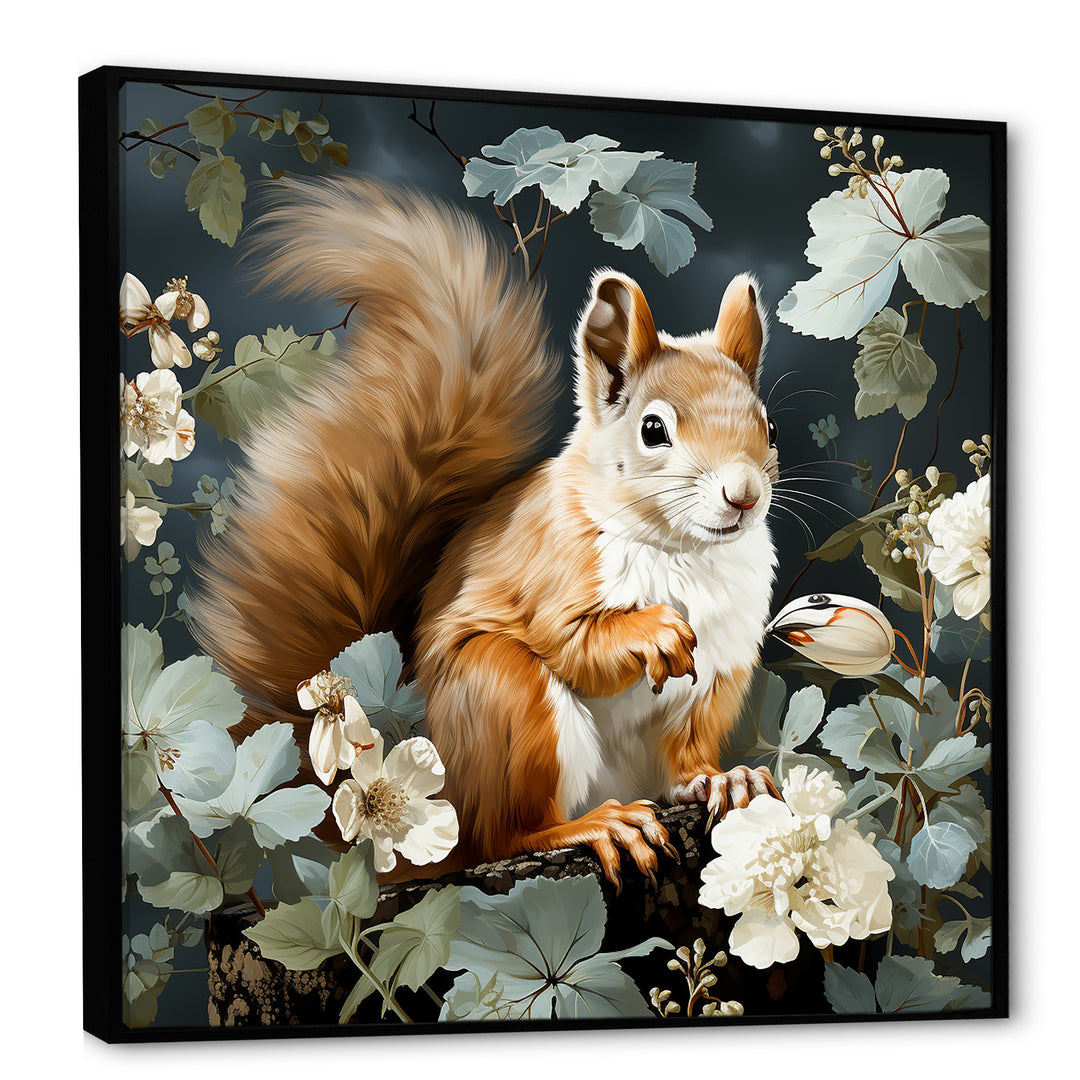 Brown and green Forest squirrel blooms - Squirrel Wall Art Prints