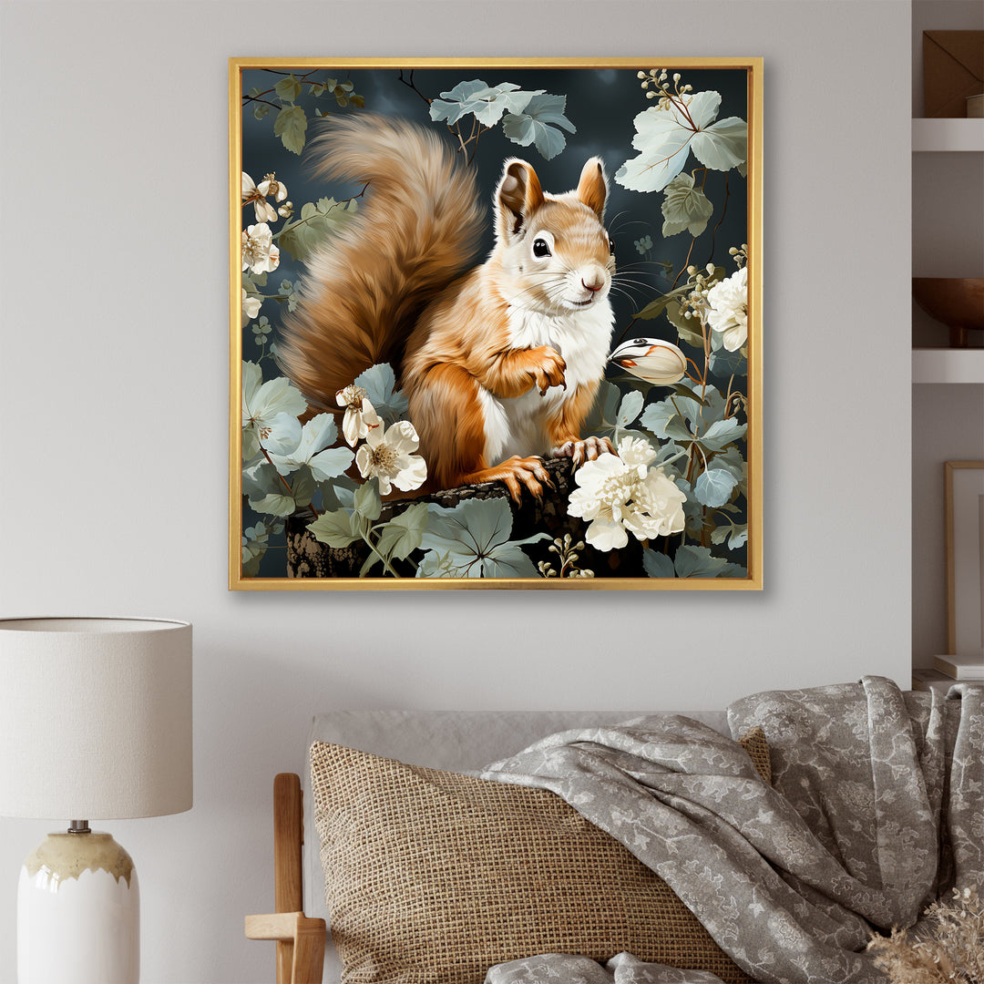 Brown and green Forest squirrel blooms - Squirrel Wall Art Prints