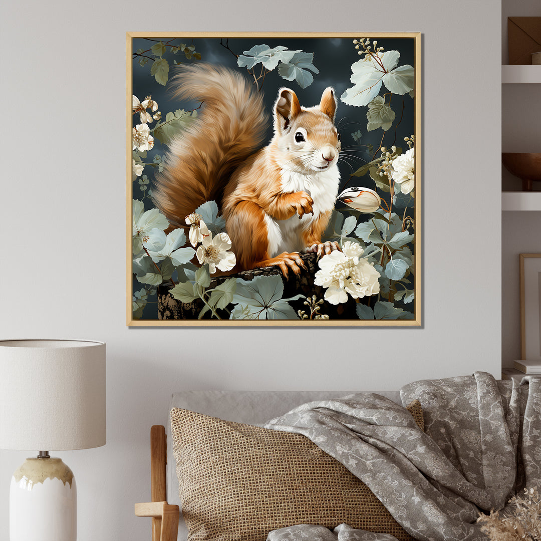Brown and green Forest squirrel blooms - Squirrel Wall Art Prints