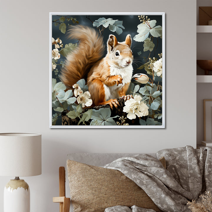 Brown and green Forest squirrel blooms - Squirrel Wall Art Prints
