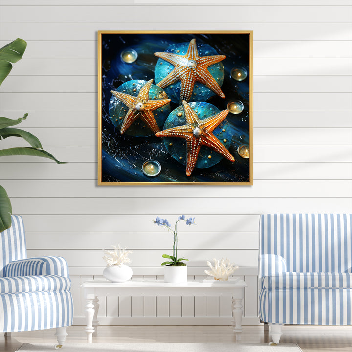 Yellow starfish on oceanic Gem stone - Yellow Starfish Wall Art