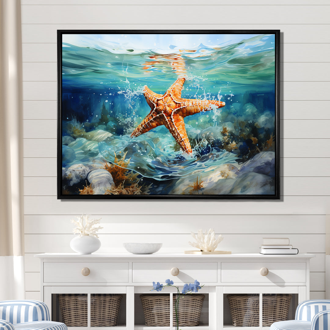Orange Oasis Watercolor Starfish - Starfish Framed Canvas Art