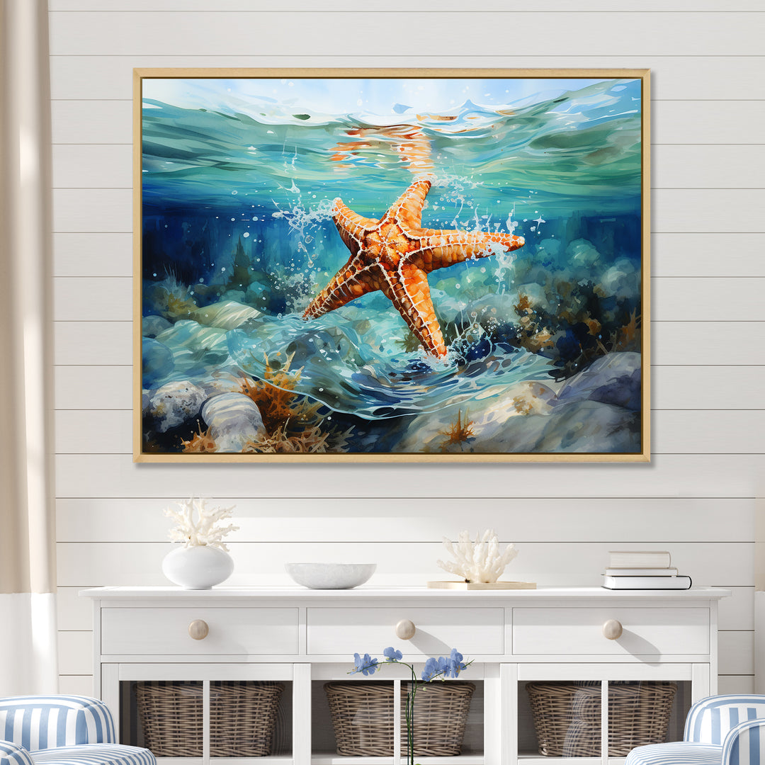 Orange Oasis Watercolor Starfish - Starfish Framed Canvas Art