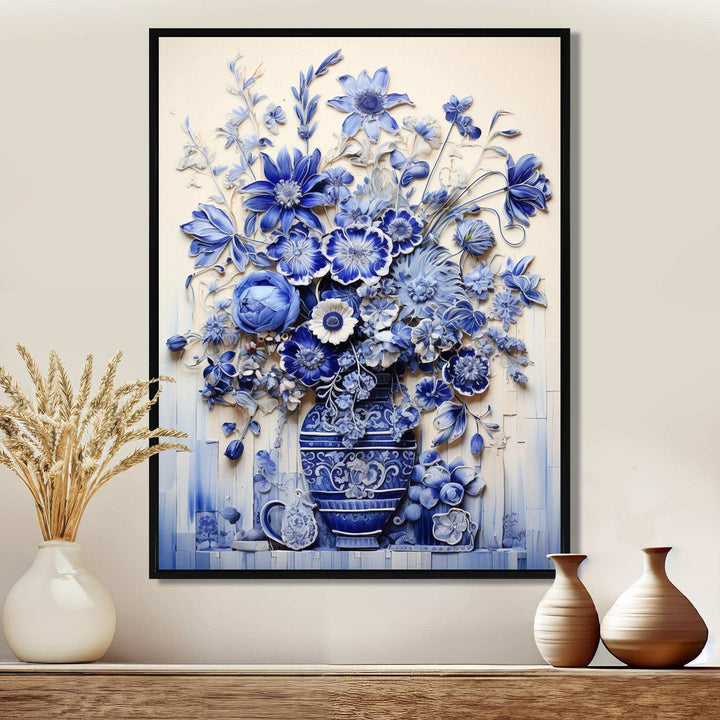 Blue and white Boho plant Pottery  II - Geometric Canvas Wall Art