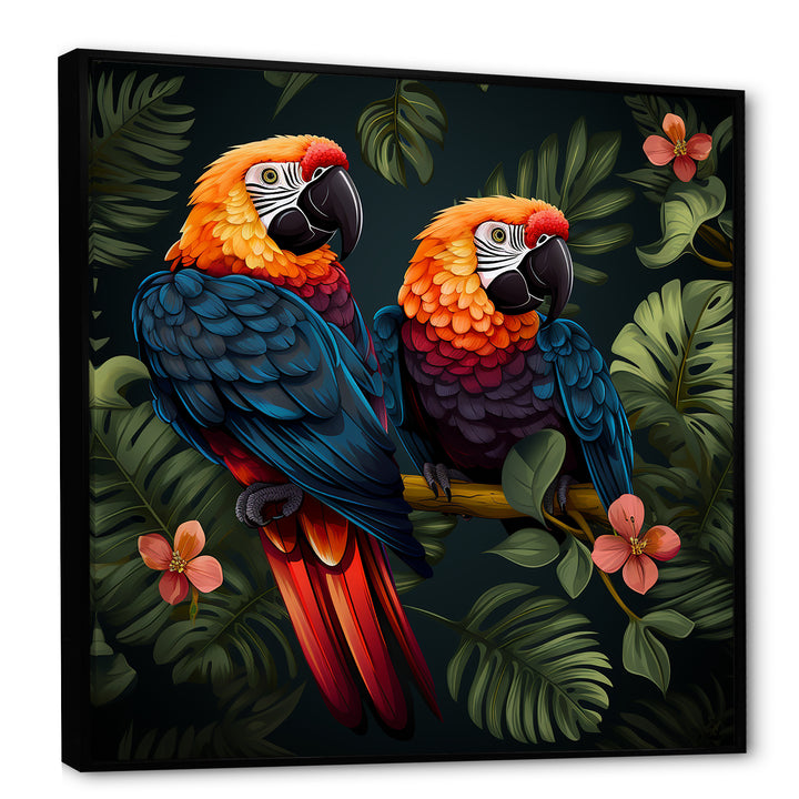 Orange and green Tropical parrots - Parrot Framed Canvas Art
