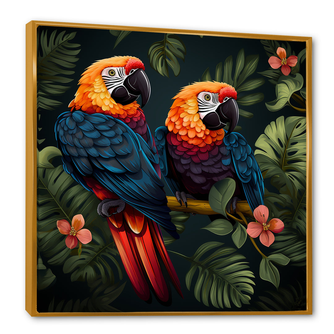 Orange and green Tropical parrots - Parrot Framed Canvas Art