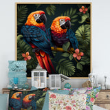 Orange and green Tropical parrots - Parrot Framed Canvas Art