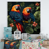 Orange and green Tropical parrots - Parrot Framed Canvas Art