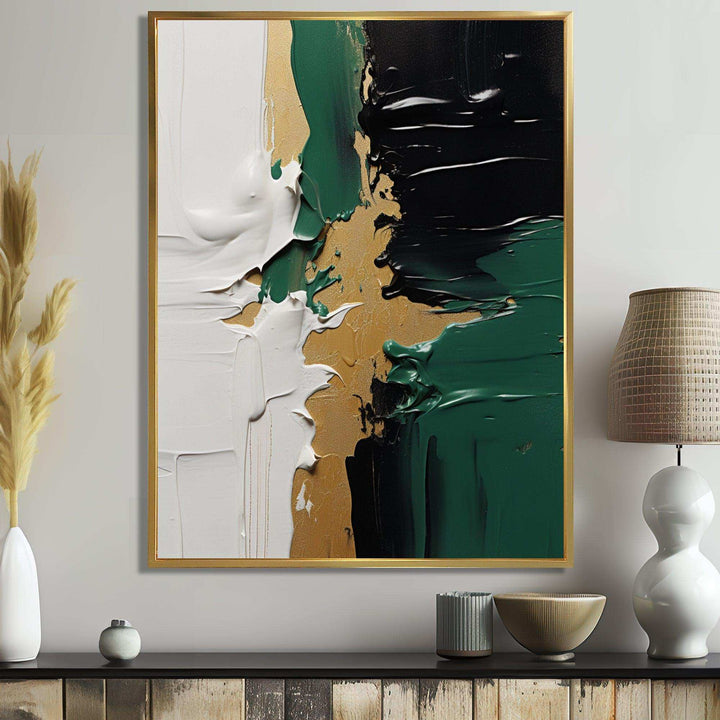 Golden green and black ink merge III - Abstract Canvas Wall Art