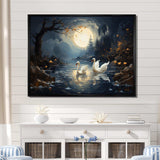 White Swans harmony moonlight pond II - Animals Canvas Wall Art