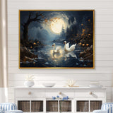 White Swans harmony moonlight pond II - Animals Canvas Wall Art