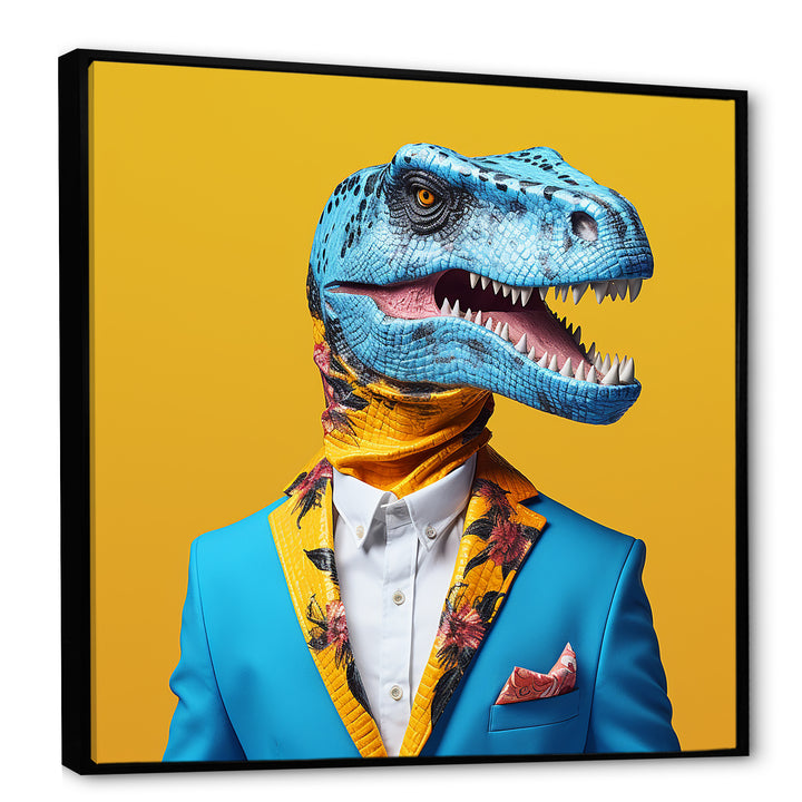 Blue and yellow Fashion Dinosaur in suit - Dinosaur Framed Canvas Art