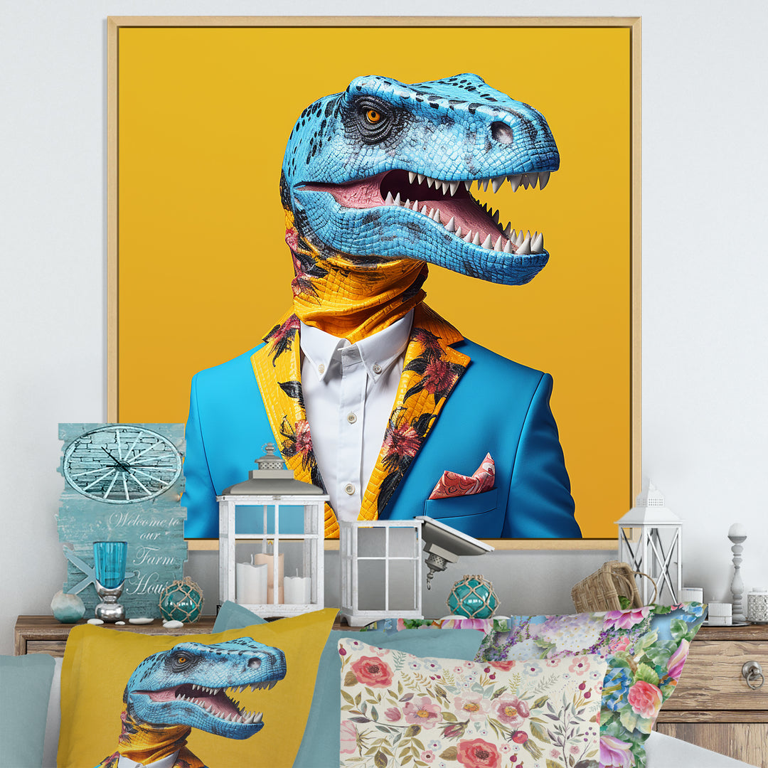 Blue and yellow Fashion Dinosaur in suit - Dinosaur Framed Canvas Art