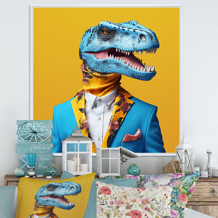 Blue and yellow Fashion Dinosaur in suit - Dinosaur Framed Canvas Art