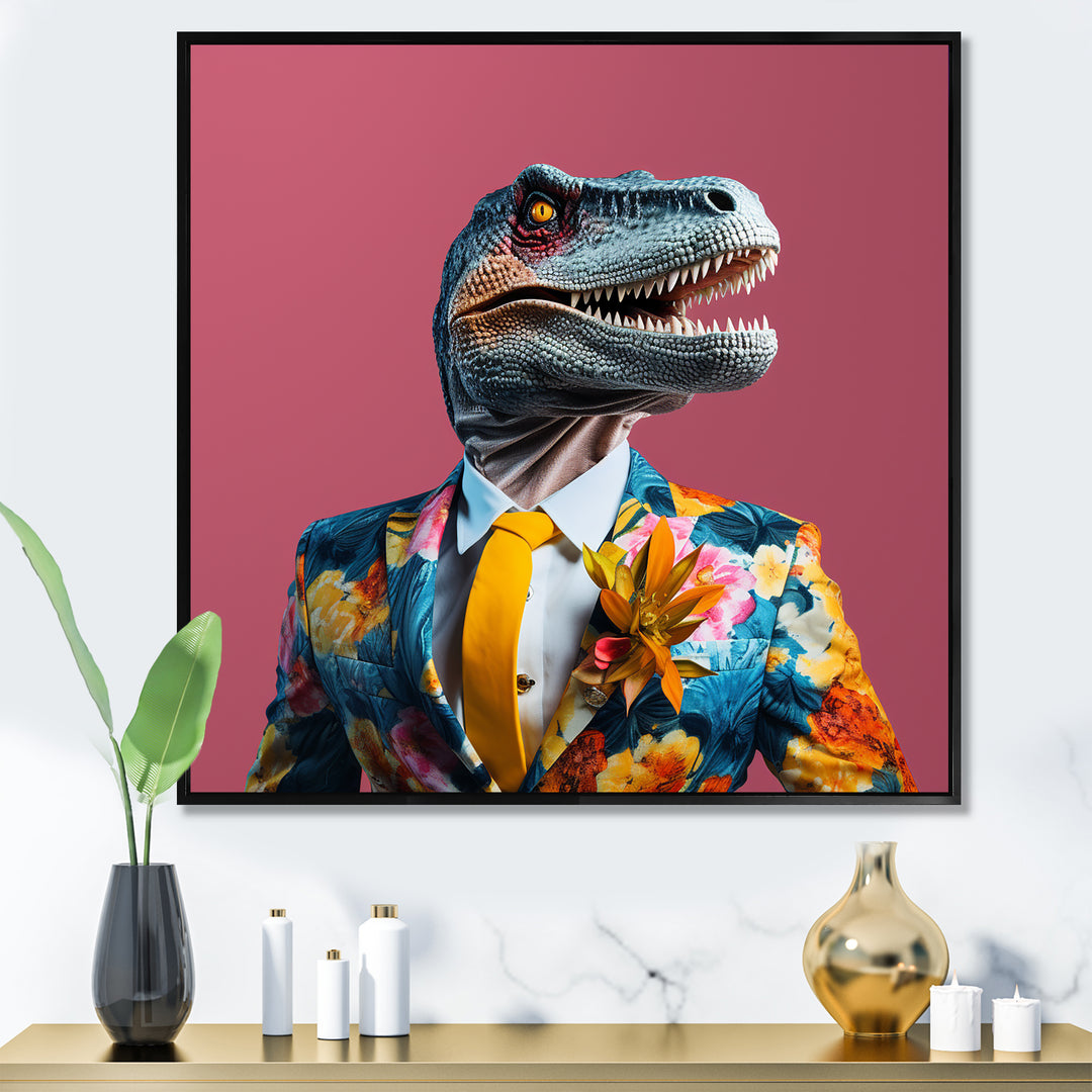 Yellow and pink Fashion first dressed Dinosaur - Dinosaur Large Canvas Wall Art