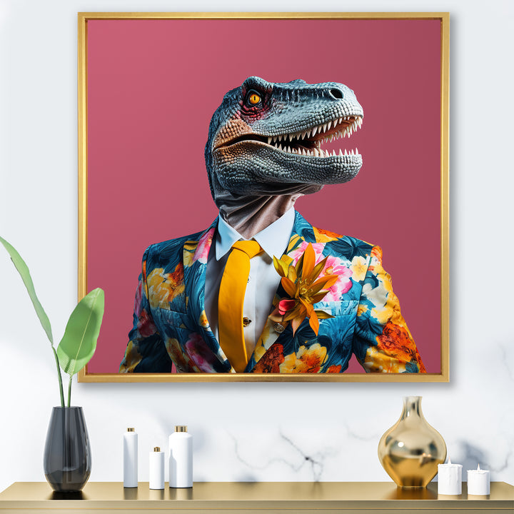 Yellow and pink Fashion first dressed Dinosaur - Dinosaur Large Canvas Wall Art