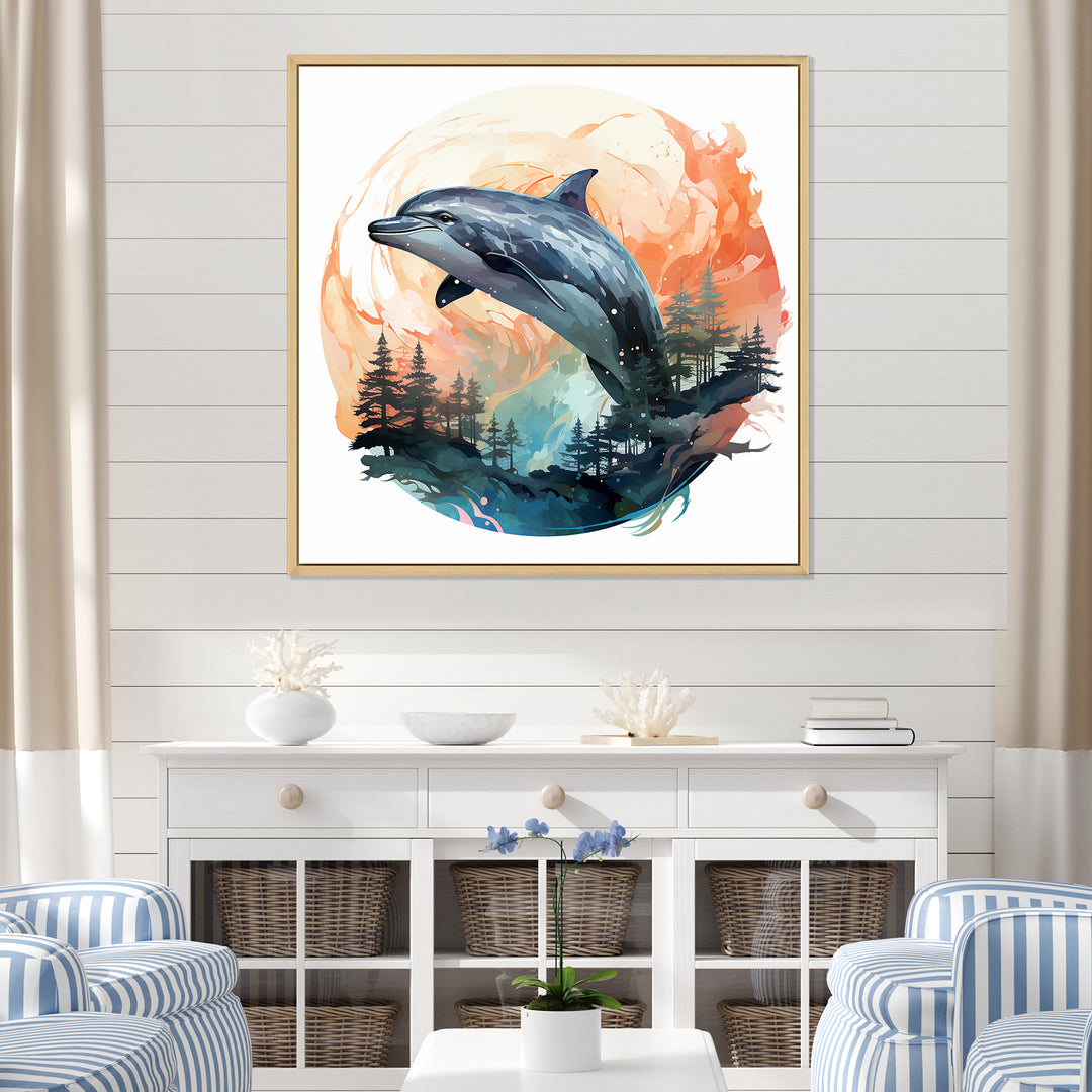 Forest Frolic Gradient Dolphin - Dolphin Canvas Wall Art